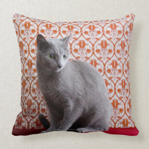 Cat (Russian blue) and wallpaper background Cushion