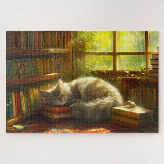 Cat’s Cosy Library Siesta Gift for Cat Lover Jigsaw Puzzle