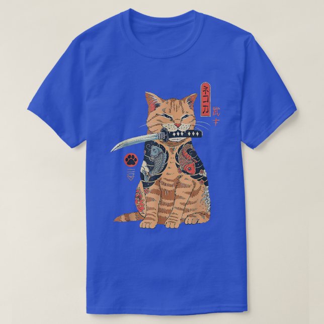 Cat Samurai  Japanese Samurai Ninja Cat Kawaii Tat T-Shirt (Design Front)
