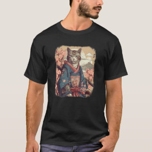 Cat samurai  ninja warrior flowers, moon, Japanese T-Shirt