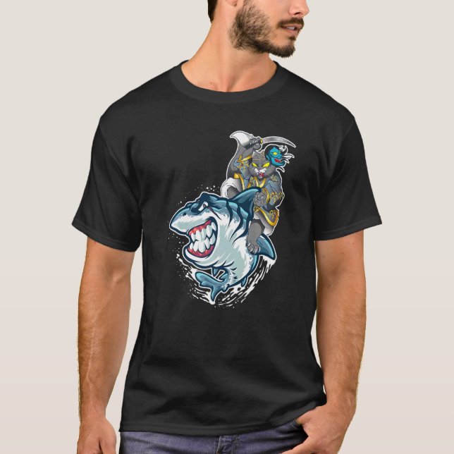 Cat Samurai Riding On Shark Workmanship Japanese P T-Shirt (Front)