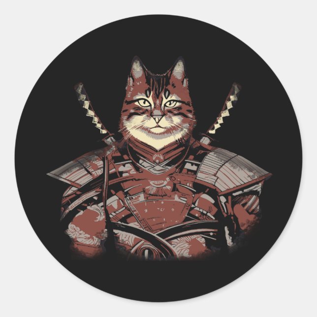 Cat Samurai Warrior Japanese Classic Round Sticker (Front)
