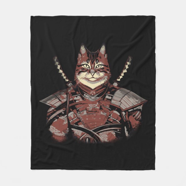 Cat Samurai Warrior Japanese Fleece Blanket (Front)