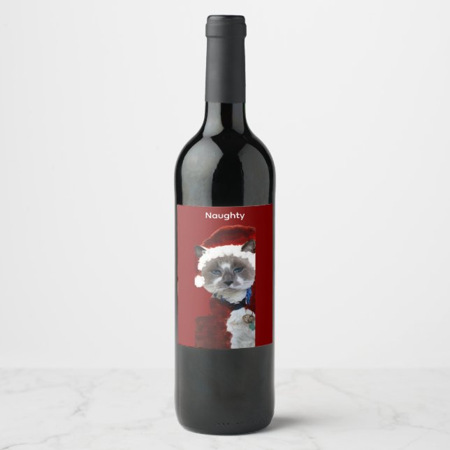 Cat Santa Claws Christmas Maureen Girard Blue Eye  Wine Label (Front)