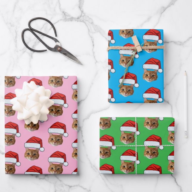 Cat Santa Hat | Custom Face Photo Pink Christmas Wrapping Paper Sheet (Front)