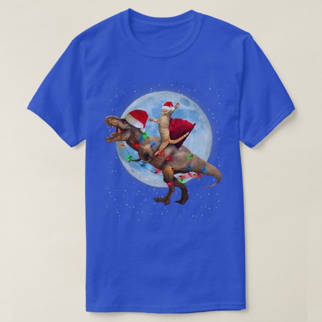 Cat Santa Hat Riding Dinosaur T re Moon Christmas  T-Shirt (Design Front)