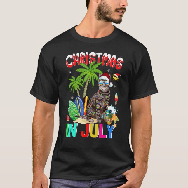 Cat Santa Hat Sunglasses Christmas In July Summer  T-Shirt (Front)
