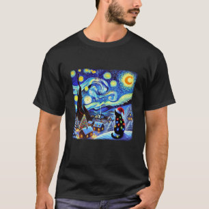 Cat Santa Hat Xmas Christmas Van Gogh Starry Night T-Shirt