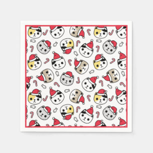 Cat Santa Hats Holiday Red White Kitty Heads Napkin