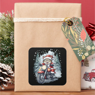 Cat Santa Motorcycle Black Background Square Sticker