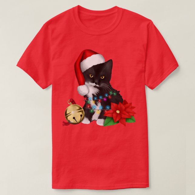 Cat Santa Tangled Up In Christmas Lights  T-Shirt (Design Front)