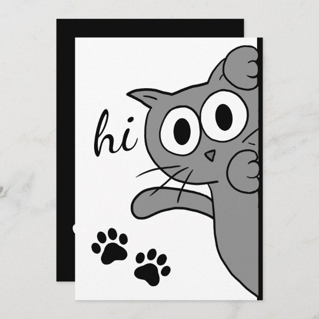 Cat Saying Hi Hello Paw Print Grey Flat Card (Front/Back)