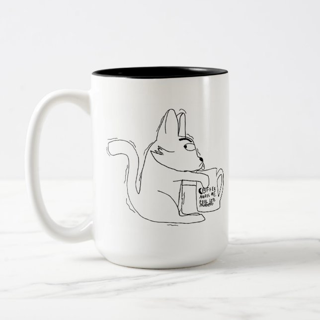 Cat says, Coffee Makes Me Feel Less Murdery Two-Tone Coffee Mug (Left)