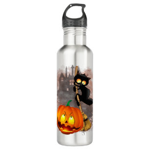 Cat Scared by Pumpkin Fun Halloween Character 710 Ml Water Bottle