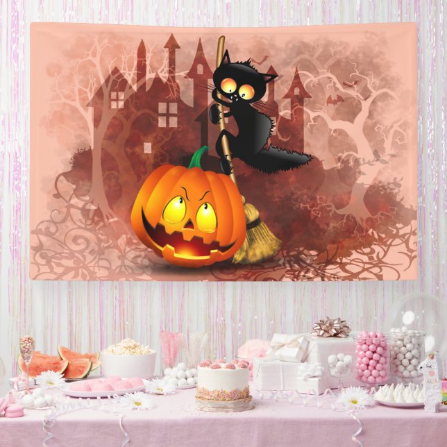 Cat Scared by Pumpkin Fun Halloween Character Banner (Party)