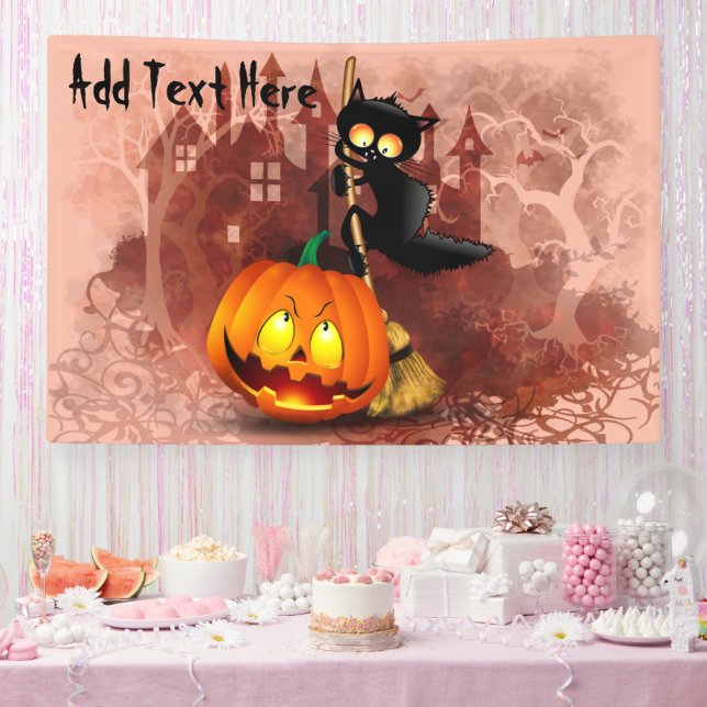 Cat Scared by Pumpkin Fun Halloween Character Banner (Party)