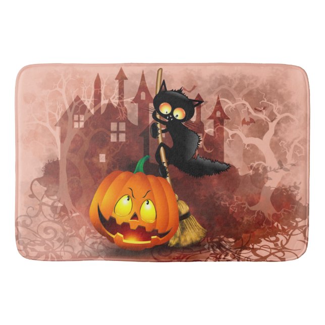 Cat Scared by Pumpkin Fun Halloween Character Bath Mat (Front)