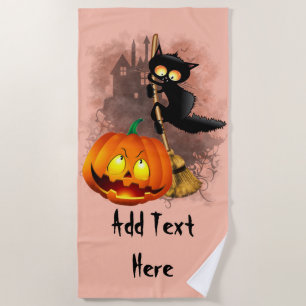 Cat Scared by Pumpkin Fun Halloween Character Beach Towel