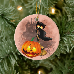 Cat Scared by Pumpkin Fun Halloween Character Ceramic Ornament