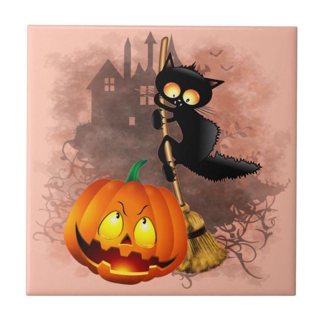 Cat Scared by Pumpkin Fun Halloween Character Ceramic Tile (Front)