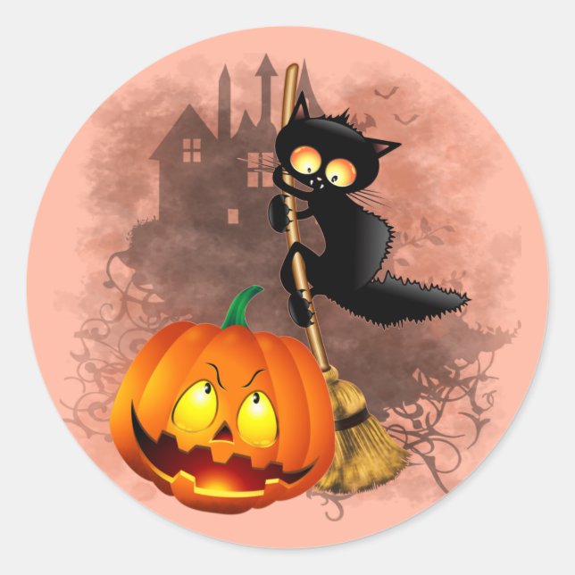 Cat Scared by Pumpkin Fun Halloween Character Classic Round Sticker (Front)