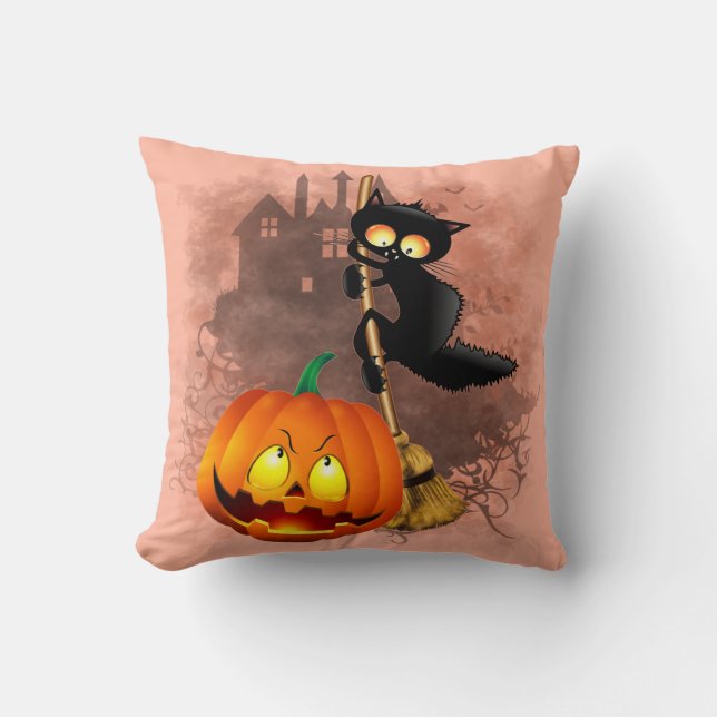 Cat Scared by Pumpkin Fun Halloween Character Cushion (Front)