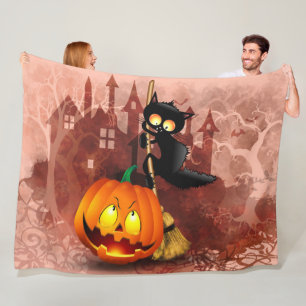 Cat Scared by Pumpkin Fun Halloween Character Fleece Blanket