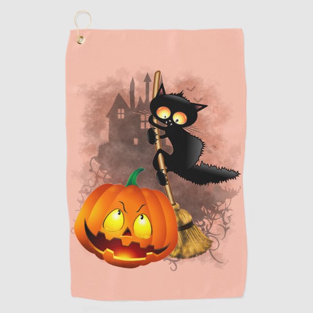 Cat Scared by Pumpkin Fun Halloween Character Golf Towel (Front)