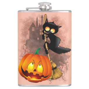 Cat Scared by Pumpkin Fun Halloween Character Hip Flask
