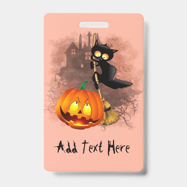 Cat Scared by Pumpkin Fun Halloween Character ID Badge (Front)