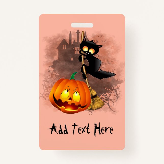 Cat Scared by Pumpkin Fun Halloween Character ID Badge (Front)
