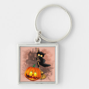 Cat Scared by Pumpkin Fun Halloween Character Key Ring