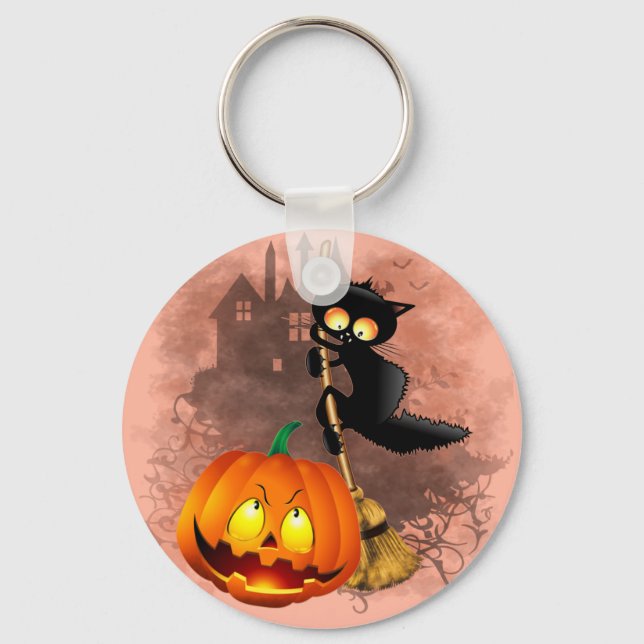 Cat Scared by Pumpkin Fun Halloween Character Key Ring (Front)