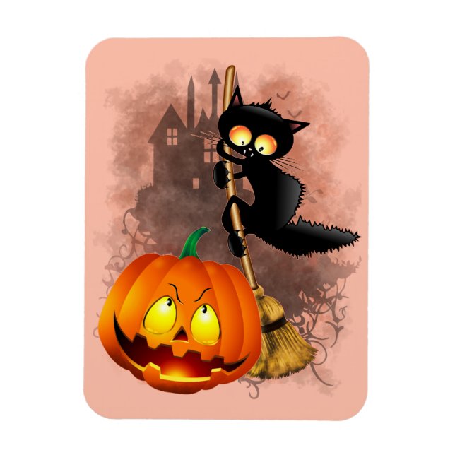 Cat Scared by Pumpkin Fun Halloween Character Magnet (Vertical)