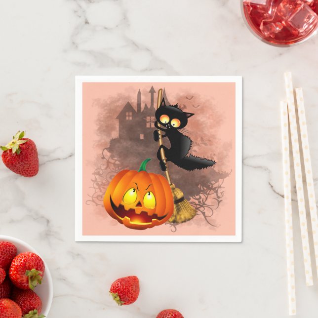 Cat Scared by Pumpkin Fun Halloween Character Napkin (Insitu)