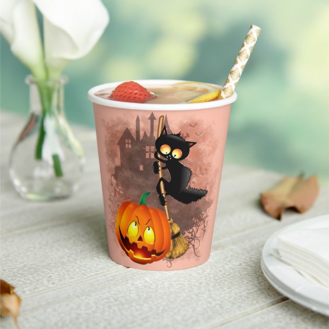 Cat Scared by Pumpkin Fun Halloween Character Paper Cups (Insitu)