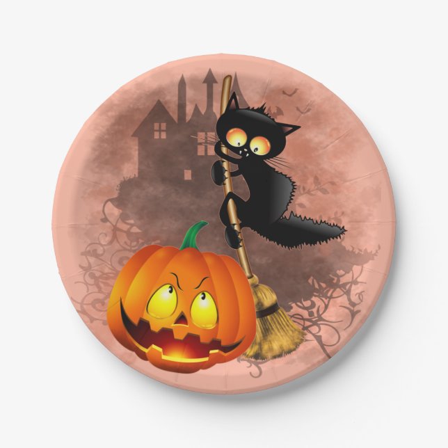 Cat Scared by Pumpkin Fun Halloween Character Paper Plate (Front)
