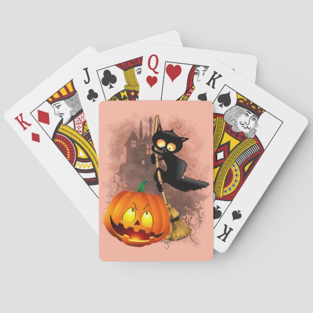Cat Scared by Pumpkin Fun Halloween Character Playing Cards (Back)