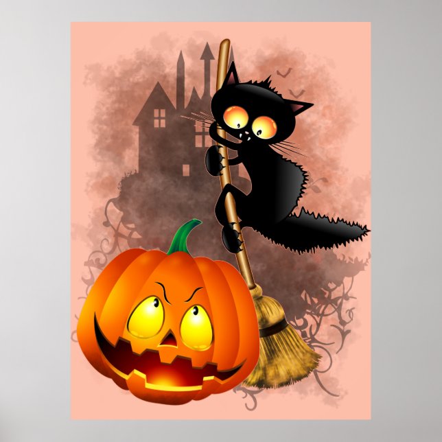 Cat Scared by Pumpkin Fun Halloween Character Poster (Front)