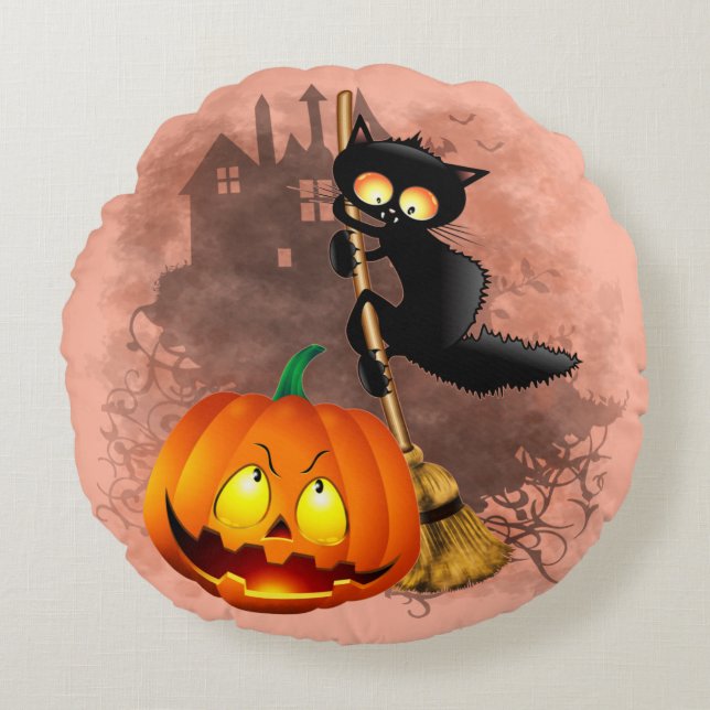 Cat Scared by Pumpkin Fun Halloween Character Round Cushion (Front)
