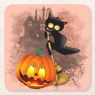 Cat Scared by Pumpkin Fun Halloween Character Square Paper Coaster