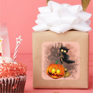 Cat Scared by Pumpkin Fun Halloween Character Square Sticker