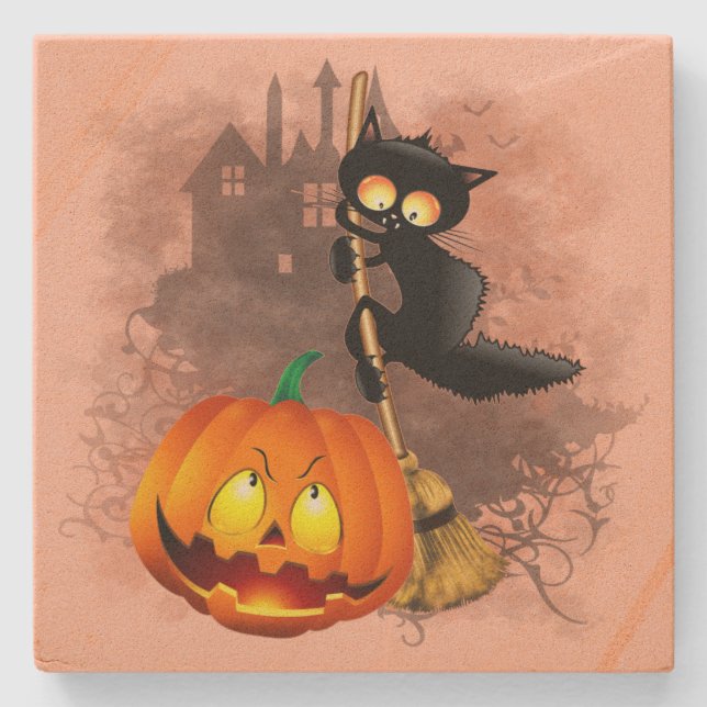 Cat Scared by Pumpkin Fun Halloween Character Stone Coaster (Front)