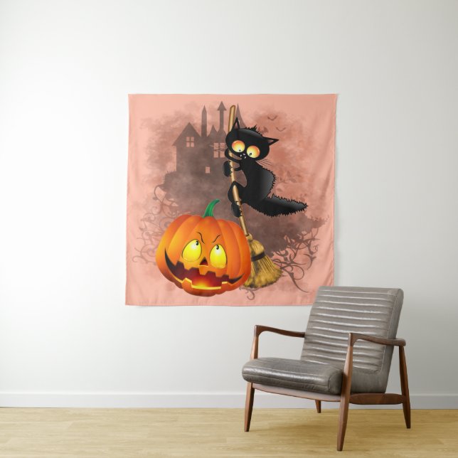 Cat Scared by Pumpkin Fun Halloween Character Tapestry (In Situ)