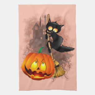 Cat Scared by Pumpkin Fun Halloween Character Tea Towel