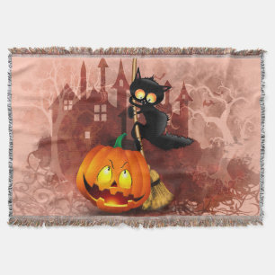 Cat Scared by Pumpkin Fun Halloween Character Throw Blanket