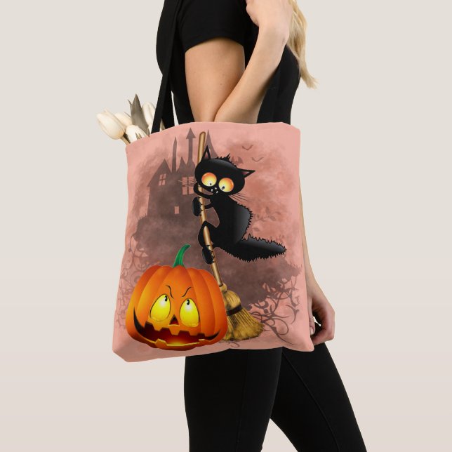 Cat Scared by Pumpkin Fun Halloween Character Tote Bag (Close Up)