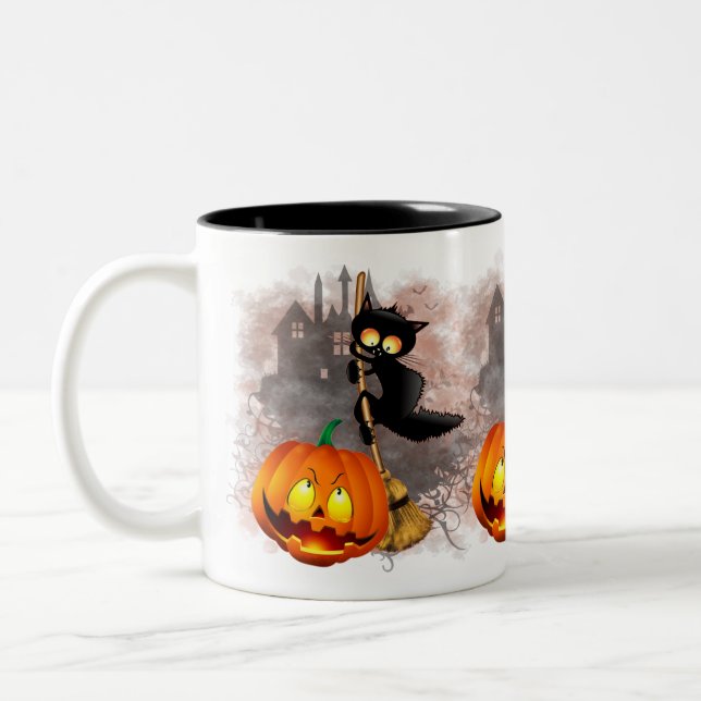 Cat Scared by Pumpkin Fun Halloween Character Two-Tone Coffee Mug (Left)