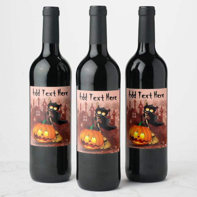 Cat Scared by Pumpkin Fun Halloween Character Wine Label (Bottles)