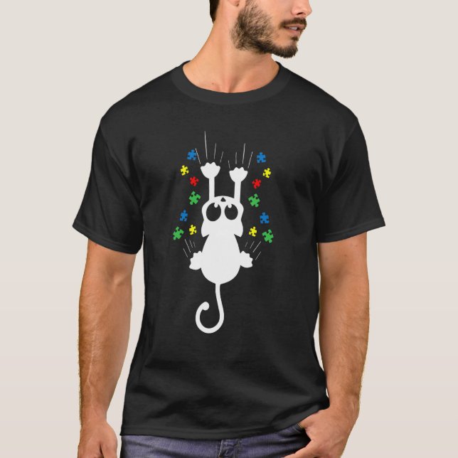 Cat Scratching Autism Awareness Cute Puzzle Piece  T-Shirt (Front)